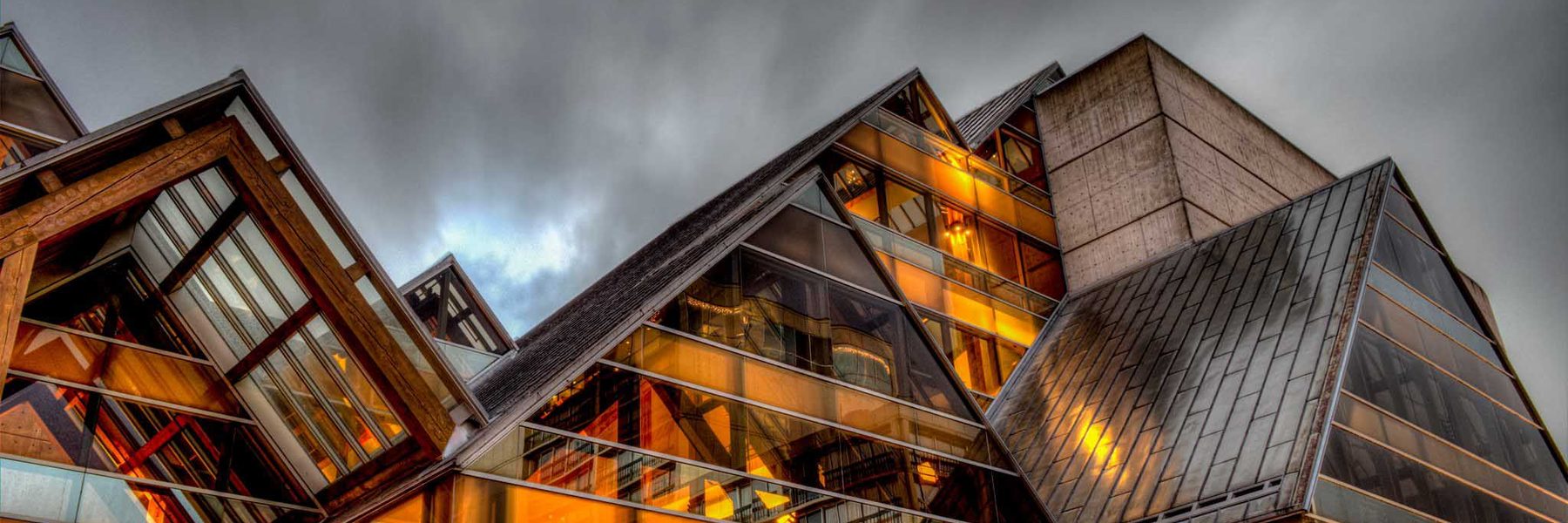 Peaks of the Hult Center Lobby against grey sky