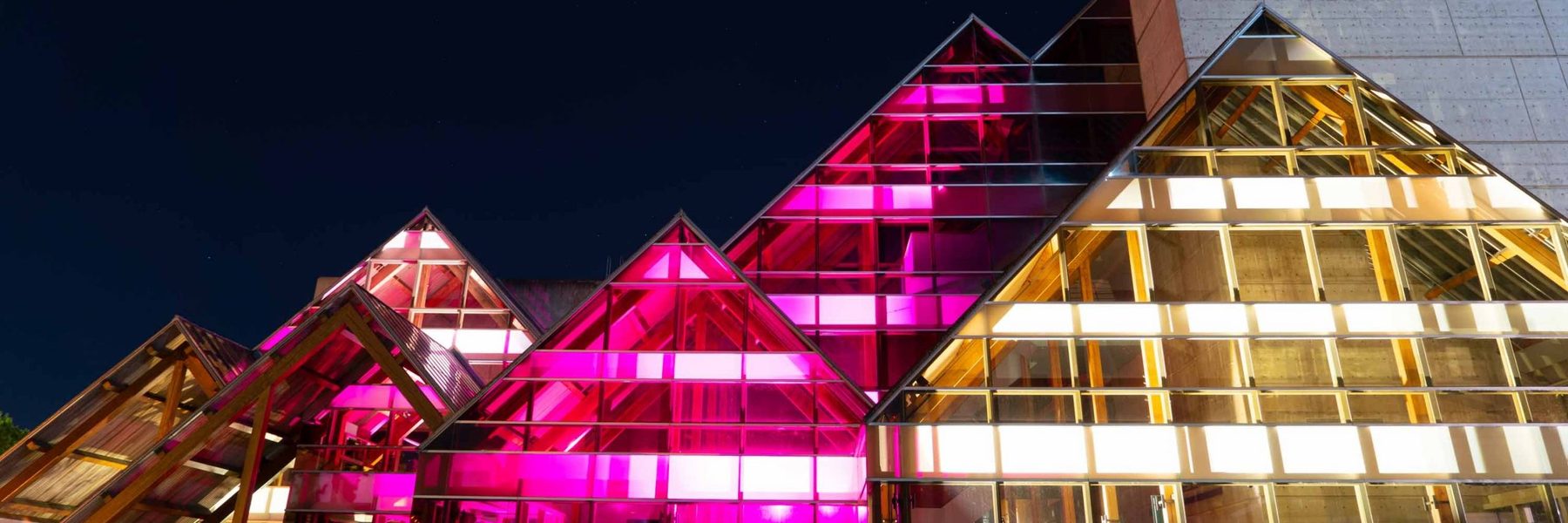 Image of the outside of the Hult Center lit up pink