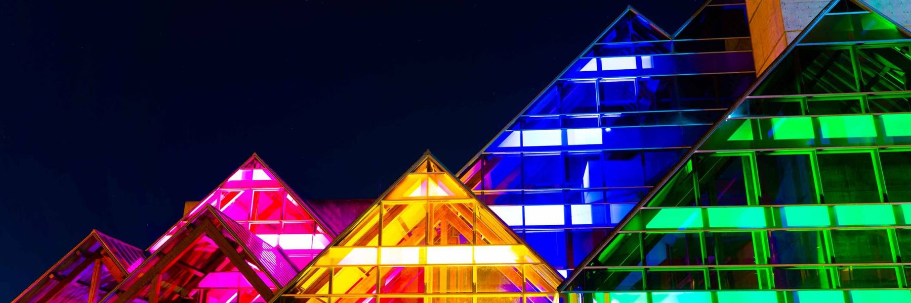 Picture of Hult Center's exterior in various colors