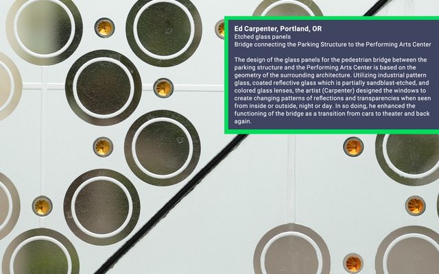 Etched glass panels parking structure bridge at the Hult Center