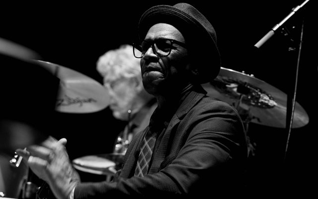 Black and white photo of musician