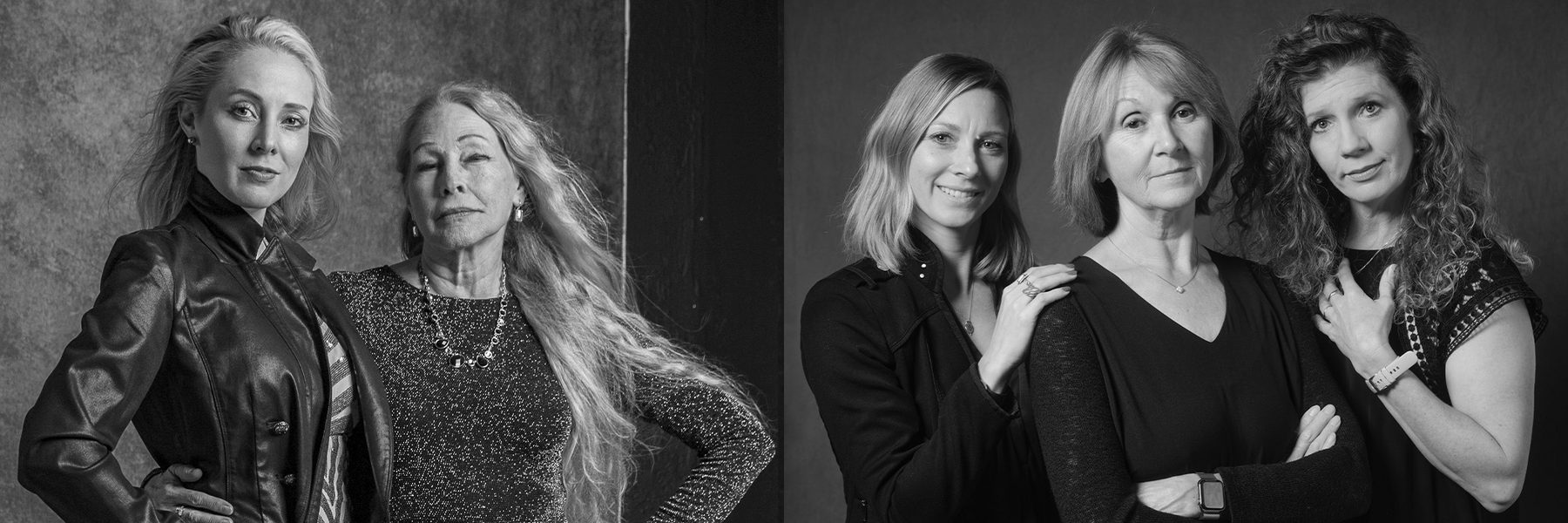 Two black and white images side by side: left image of two women standing side by side and right image of three women standing side by side