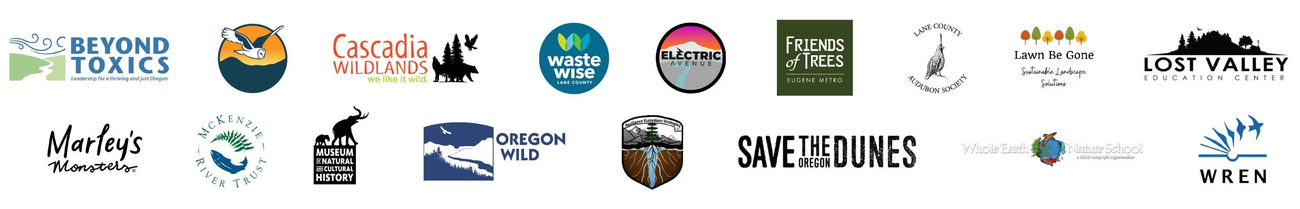 Image of all changemaker speaker series: Beyond Toxics, Cascadia Wildlands, Waste Wise, Electric Avenue, Friends of Trees, Lane County Audubon Society, Lawn Be Gone, Lost Valley Education Center, Marley's Monsters, Mckenzie River Trust, Museum of Natural and Cultural History, Oregon Wild, Save the Oregon Dunes, Whole Earth Nature School, Wren